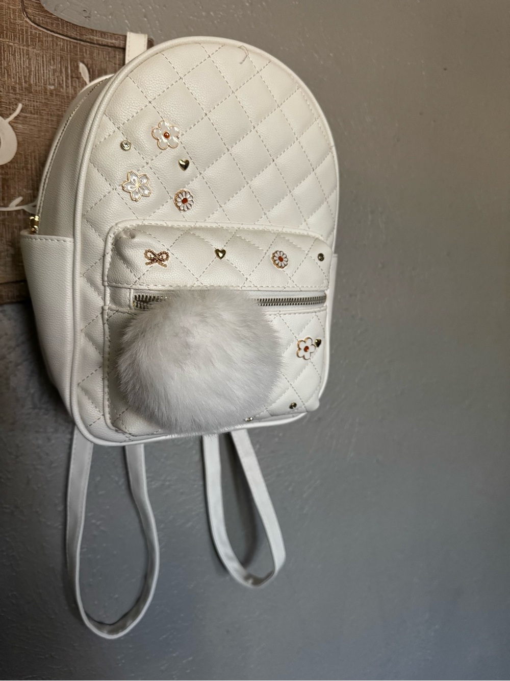 Quilted Faux Leather Mini Backpack with Pom Pom - White
